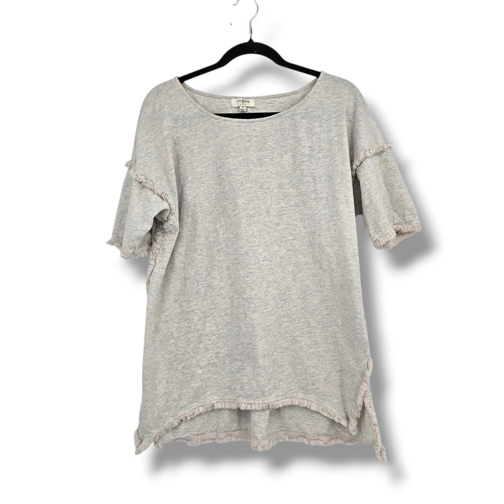 Umgee USA Womens Gray Fringe Trim Short Sleeve Top B0012 Small Relaxed Boho